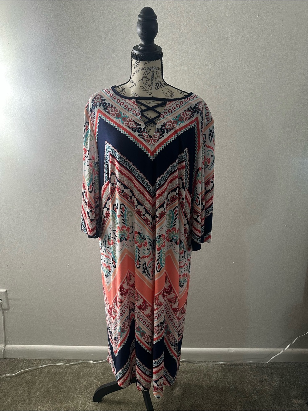 Studio One Boho Chevron & Paisley Lace-Up V-Neck Midi Dress 3X